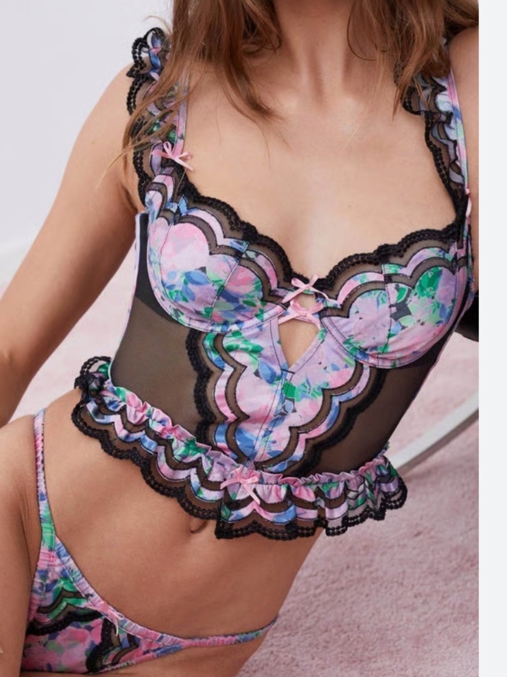 New For Love And Lemons Floral Scallop-Trim Bustier in Pink and Black